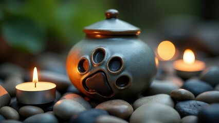 Pet memorial urn with paw print surrounded by candlelight on stone background.