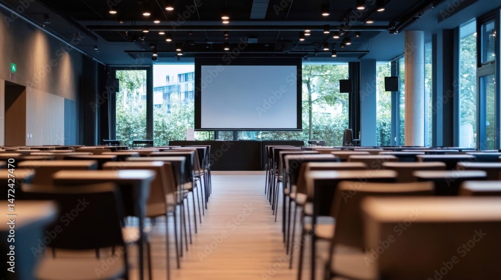 Aufkleber Empty modern conference room with large projection screen and rows of chairs, ready for a presentation or meeting. : Generative AI