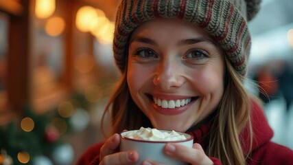 A smiling young woman in a winter hat holds a mug filled with creamy topping. Concept of: Cozy winter moments. - Powered by Adobe