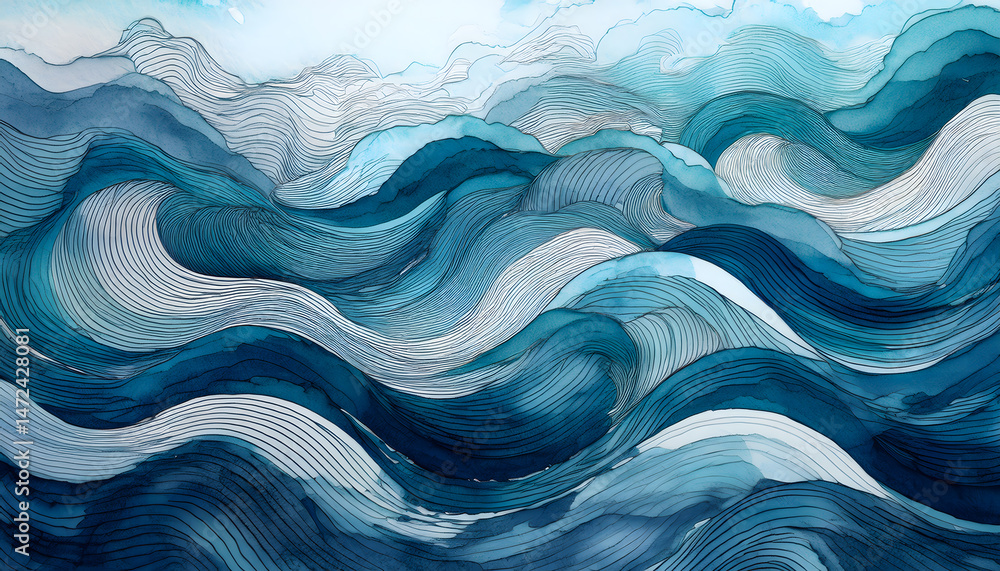 Poster abstract blue waves blend watercolor textures and detailed line art creating a dynamic and flowing p