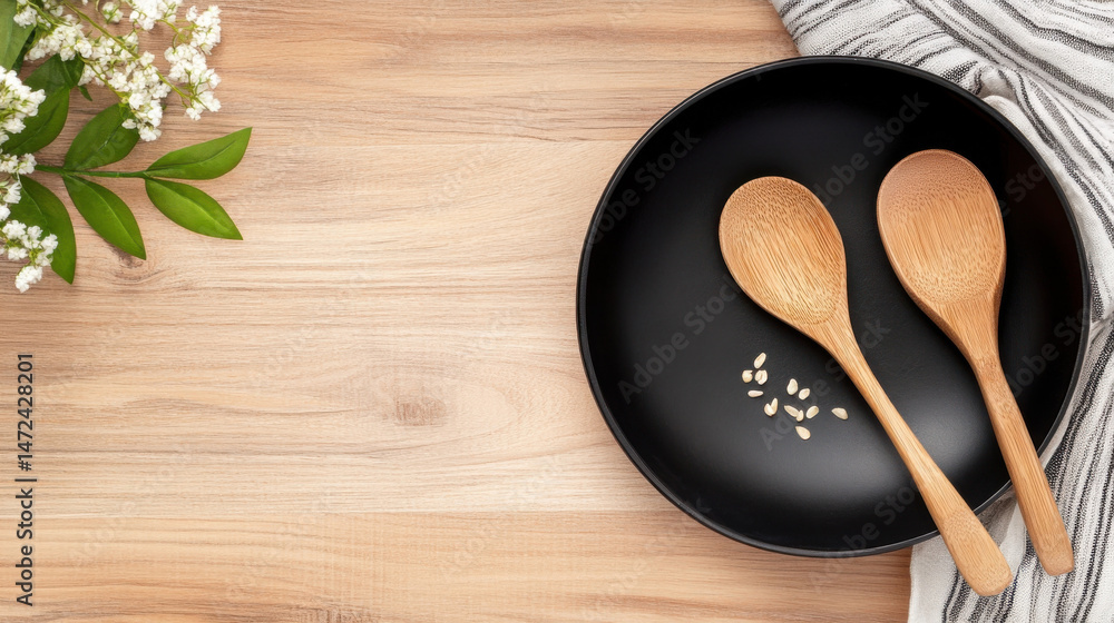 Poster flat lay of two bamboo spoons resting in a black bowl on a light wood surface, accompanied by a spri