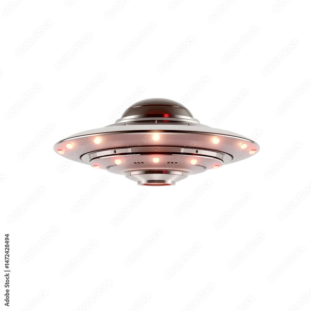 Poster Isolated Ufo 3d Render, Alien Spaceship Flying Object With Rotating Lights, Reflective Surface, Simple Design Against A White Backdrop. Sci-fi Illustration For Tech Projects.