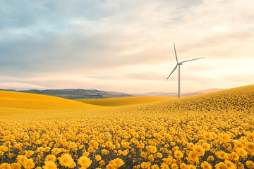 Wind Turbine with Yellow Flower Field.