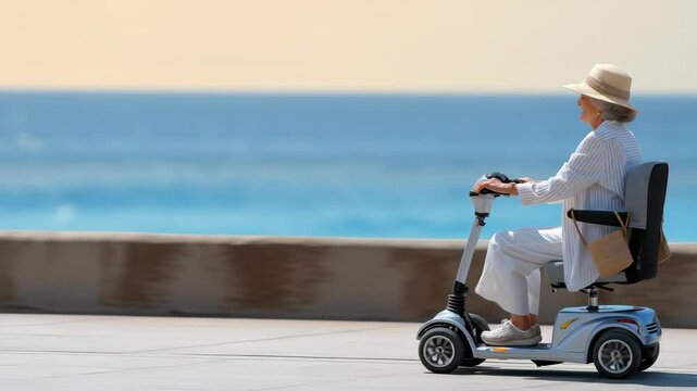 Senior Woman Riding a Mobility Scooter Along a Scenic Beach Pathway on a Sunny Day