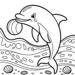 Dolphin Playing with Ball Line Art,Ocean Scene Coloring Page