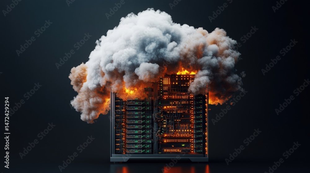 Poster server equipment on fire with white smoke conveys network system failure in a data center environmen
