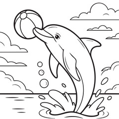 Dolphin Playing with Ball Line Art,Ocean Scene Coloring Page