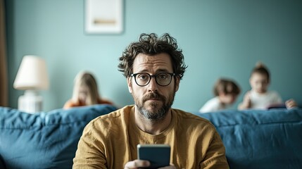 Exhausted father with smartphone while children play in background, parenting and remote work balance