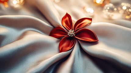 Close-up of a red bauhinia brooch on silk, golden light on petals, festive city backdrop - celebrating Hong Kong's establishment day with elegance.