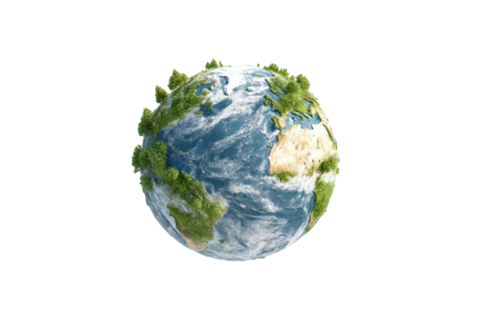 Stunning 3d render of lush green planet earth with abundant forests and oceans showing detailed textured surface and clouds on transparent background
