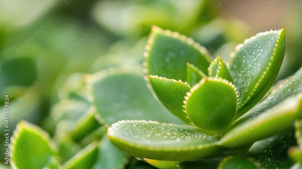 Poster close-up view of a vibrant green succulent plant, showcasing its detailed, serrated leaves and textu