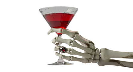 A spooky and dramatic image featuring a skeletal hand delicately holding a clear martini glass filled with a vibrant red cocktail.