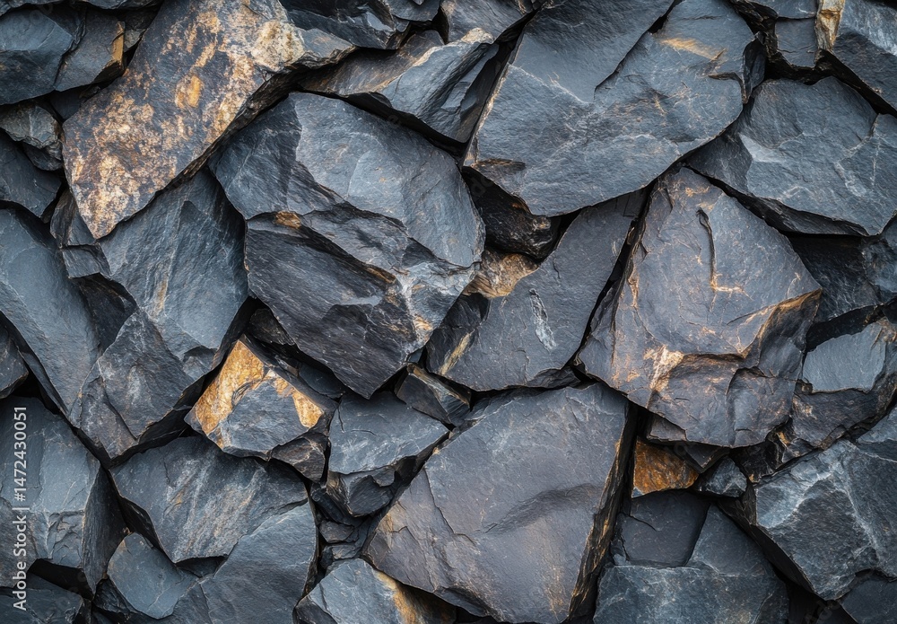 Leinwandbilder a detailed close up of a dark grey stone wall, composed of many irregularly shaped, rough-textured r