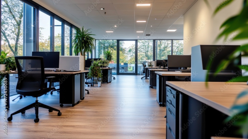Poster modern office interior with large windows, showing rows of desks, computers, and potted plants, crea