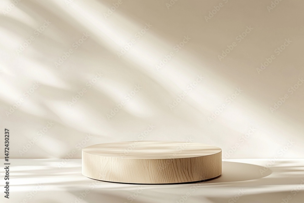 Leinwandbilder a minimalist wooden display platform sits on a light beige floor, bathed in soft, natural sunlight s