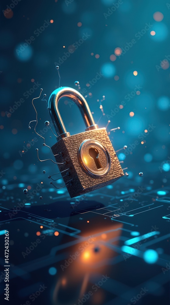 Poster digital padlock floating amidst a network of glowing circuits, symbolizing data security and encrypt