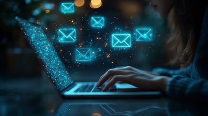 Woman typing on laptop with glowing email icons floating above the screen