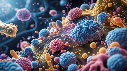 Bacterial colonies multiplying in various colors and textures. Perfect for science visuals, education, or medical backgrounds.