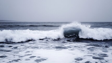 Fototapeta premium A powerful ocean wave crashes on the shore, creating a dramatic display of white foam and dark blue water under a moody sky. : Generative AI