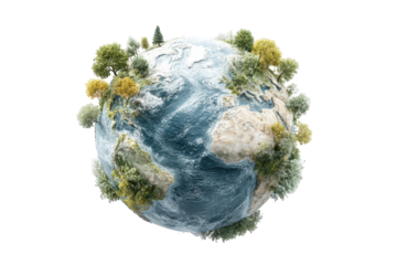 Stunning 3d render of earth globe showing lush green trees and snowy peaks winter landscape beautiful world environment on transparent background view