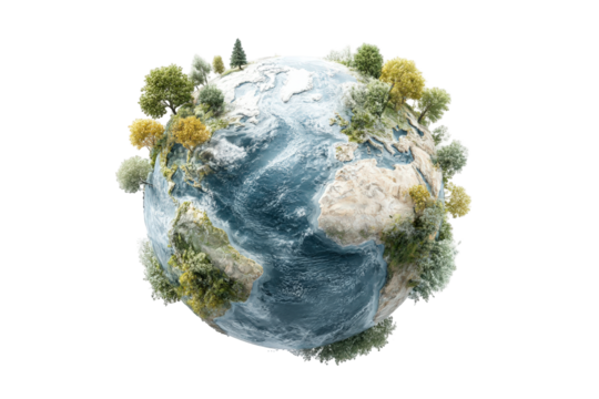 Stunning 3d render of earth globe showing lush green trees and snowy peaks winter landscape beautiful world environment on transparent background view