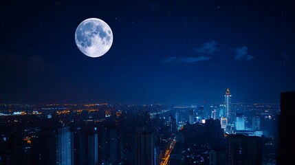 Enchanting night scene showcasing the moon over a cityscape with bright lights at dusk
