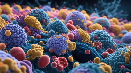 Colorful bacteria spreading dynamically with intricate textures and shapes. Great for biology or microbiology themes.