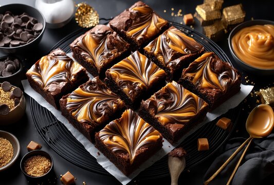 Decadent Swirled Brownies Topped with Caramel and Chocolate Sauce, Surrounded by Chocolate Chips and Golden Sprinkles on a Dark Background