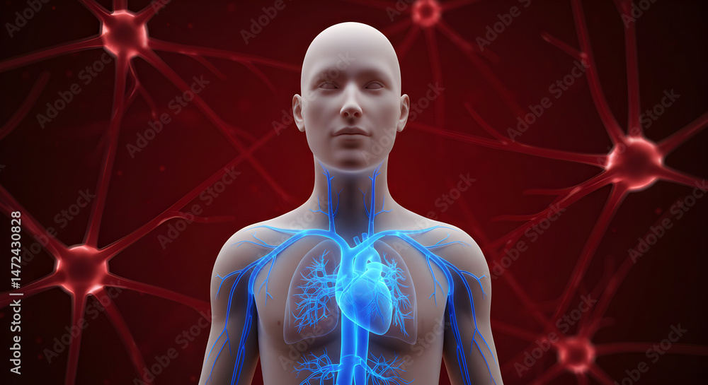 Poster stylized human figure with glowing blue circulatory system on red backdrop with neural network struc