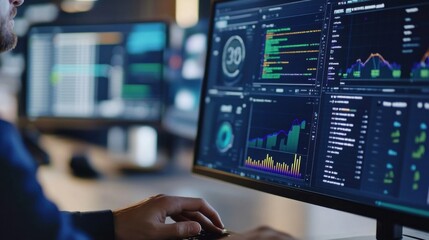A programmer's hands hover over a keyboard, focused on multiple computer screens displaying complex financial data, charts, and code. : Generative AI