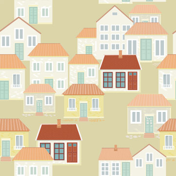 seamless texture with tiny cute buildings. background with cartoon cozy houses.
