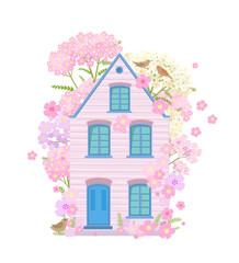 invitation card with tiny cute building. cartoon cozy pink house with yarrow flowers and little birds. sweet home