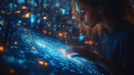 Woman interacts with glowing data on screen; city view