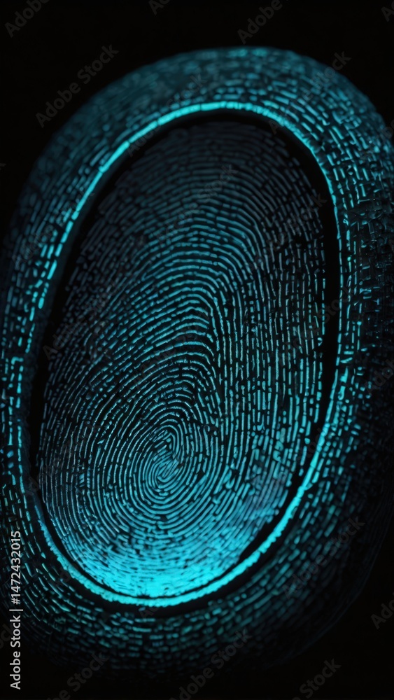 Poster vibrant blue fingerprint pattern glowing in an abstract digital design showcasing uniqueness and ide
