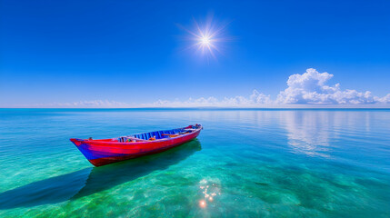 Naklejka premium Vibrant fishing boat floats serenely on crystal-clear turquoise water under a dazzling sun
