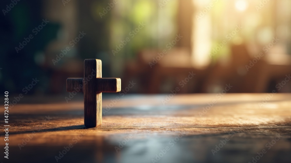 Poster wooden cross rests on a rustic wooden table, bathed in warm sunlight streaming through a blurred bac