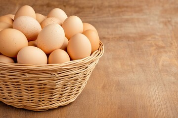 Organic free-range chicken eggs in rustic basket against natural appearance
