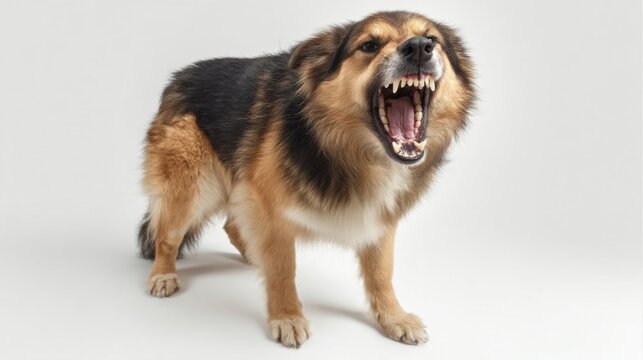 Aggressive dog, snarling, showing teeth, medium-sized, brown, black, and white fur, standing on white background. Studio shot of a canine displaying aggression. : Generative AI