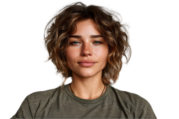 Portrait of a young woman with curly brown hair and blue eyes serene expression casual style green on transparent background girl