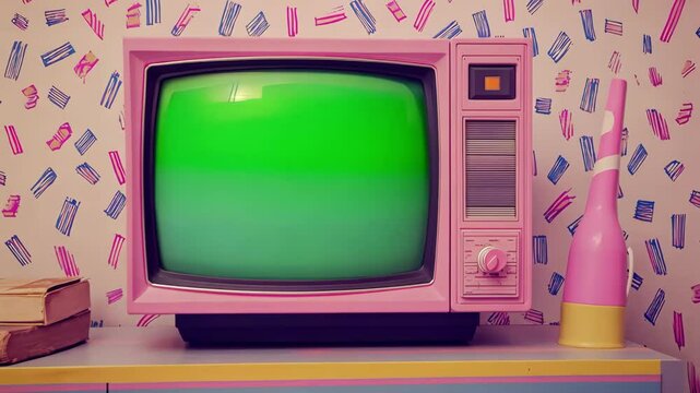 Retro pink TV with green screen and kitsch decor