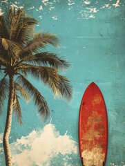 A vibrant beach scene with a surfboard and palm tree, perfect for summer and adventure-themed projects.