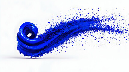 Dynamic cobalt blue swirl, exploding into a vibrant trail against a stark white backdrop