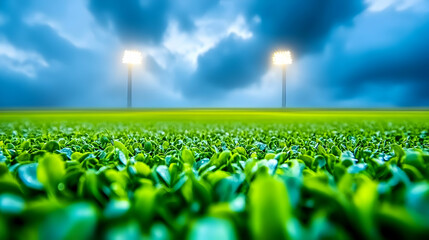 Lush green field under dramatic stormy sky, illuminated by bright stadium lights