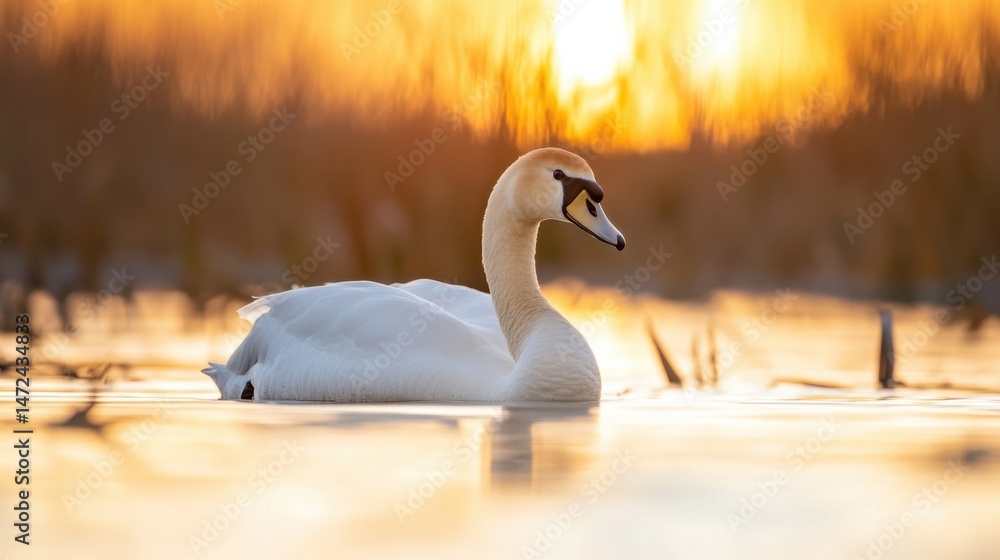Poster elegant swan gracefully gliding on calm water at sunset, golden light reflecting on its feathers and