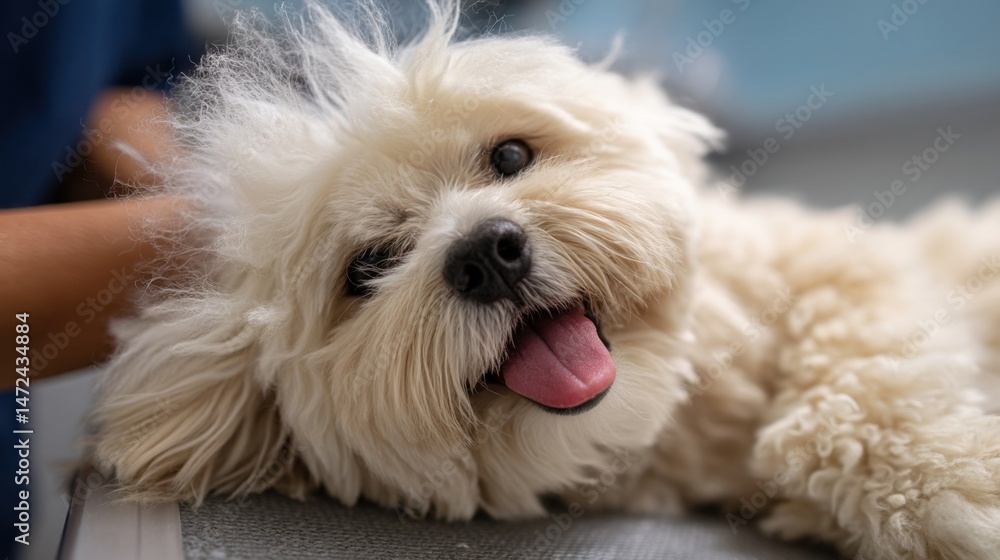 Poster happy, fluffy, cream-colored shih tzu dog lying down, tongue out, close-up view showing soft fur and