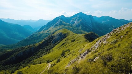 Fototapeta premium A scenic hiking trail winds through vibrant green hills and rocky mountains under a bright, sunny sky, offering breathtaking panoramic views of a vast mountain range. : Generative AI
