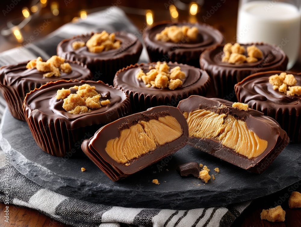 Poster delicious chocolate cupcakes with creamy filling and crunchy topping on a dark slate surface with so