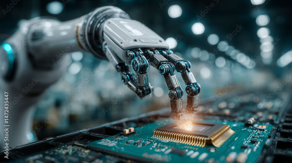 Poster a robot is touching a computer chip. the robot is made of metal and has a human-like appearance. the