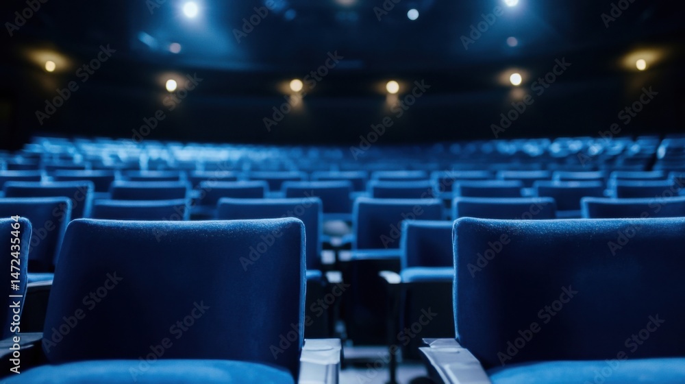 Poster empty blue velvet seats in a dark movie theater, awaiting the audience. rows of chairs stretch into 