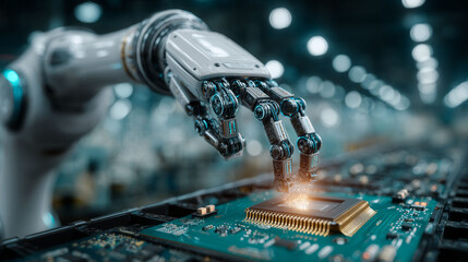 A robot is touching a computer chip. The robot is made of metal and has a human-like appearance. The computer chip is small and has a blue color. Concept of technology and innovation